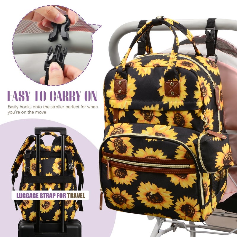 Tuwubi Diaper Bag Backpack, Baby Essentials Travel Tote Bag, Multi function Waterproof Backpacks, Travel Essentials with Stroller Straps & Pacifier Case - Sunflower - Image 5